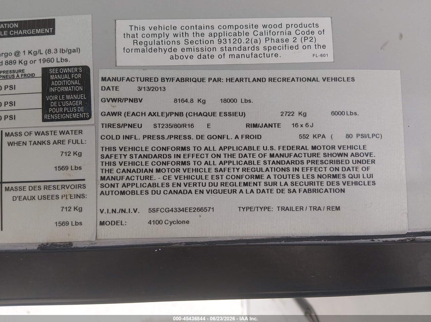 2014 Heartland Cyclone VIN 5SFCG4334EE266571 IAAI salvage auction — HAIL, Certificate Of Title (Montana), sold $15,200 on 2026-09-02 (photo 9)