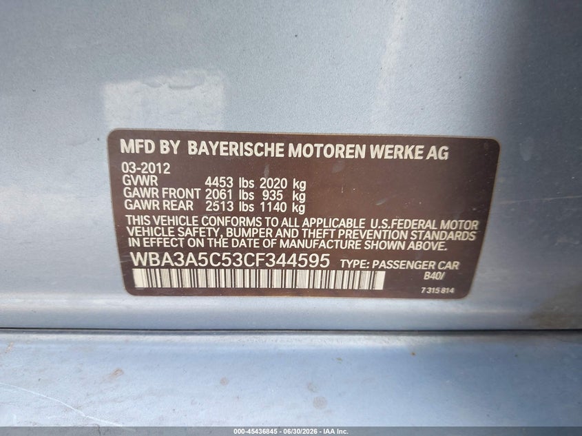 2012 BMW 3er VIN WBA3A5C53CF344595 IAAI salvage auction — WATER/FLOOD, Salvage (Texas), sold $550 on 2026-07-18 (photo 9)