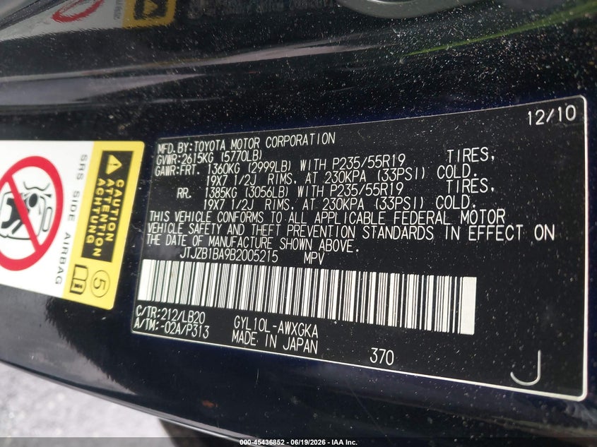 2011 Lexus Rx 450h VIN JTJZB1BA9B2005215 IAAI salvage auction — NORMAL WEAR, Clear (Georgia), sold $2,775 on 2026-07-15 (photo 9)