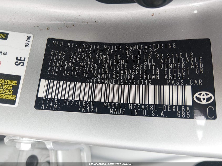 2025 Toyota Corolla VIN 5YFB4MDE1SP261012 IAAI salvage auction — LEFT FRONT, Salvage Title, sold $6,400 on 2026-07-29 (photo 9)