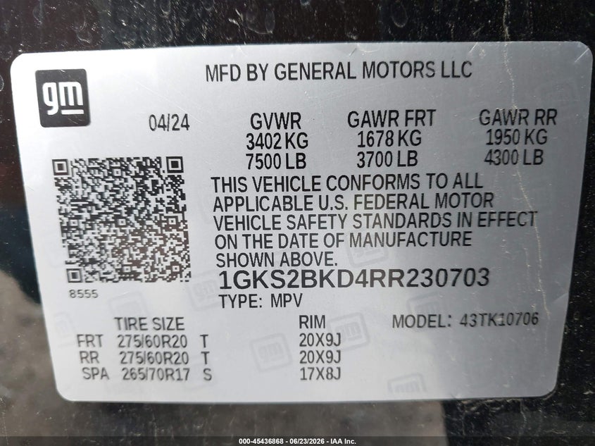 2024 Gmc Yukon VIN 1GKS2BKD4RR230703 IAAI salvage auction — SIDE, Clear (Tennessee), sold $23,100 on 2026-07-31 (photo 9)