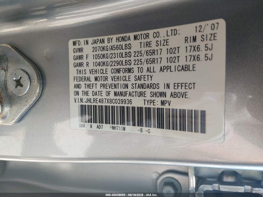2008 Honda Cr-v VIN JHLRE487X8C039936 IAAI salvage auction — FRONT END, Salvage (California), sold $2,300 on 2026-07-20 (photo 9)