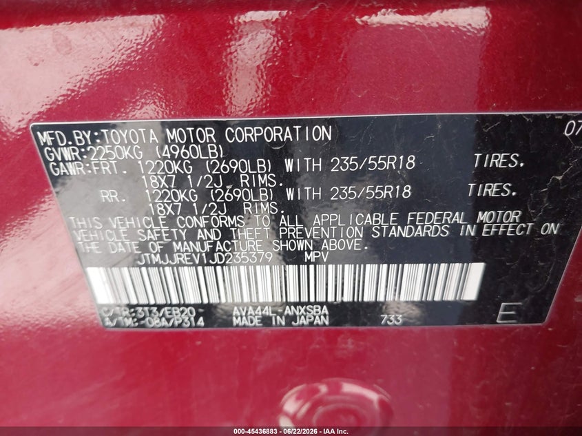 2018 Toyota Rav 4 VIN JTMJJREV1JD235379 IAAI salvage auction — HAIL, Salvage Title, sold $2,850 on 2026-07-28 (photo 9)