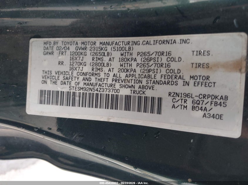 2004 Toyota Tacoma VIN 5TESM92N54Z373700 IAAI salvage auction — REAR END, Salvage (California), sold $2,700 on 2026-07-29 (photo 9)