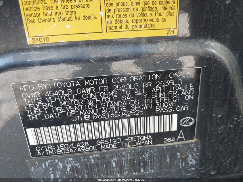 2006 Lexus Gs 300 VIN JTHBH96S165042525 IAAI salvage auction — FRONT END, Salvage (California), sold $700 on 2026-07-09 (photo 9)