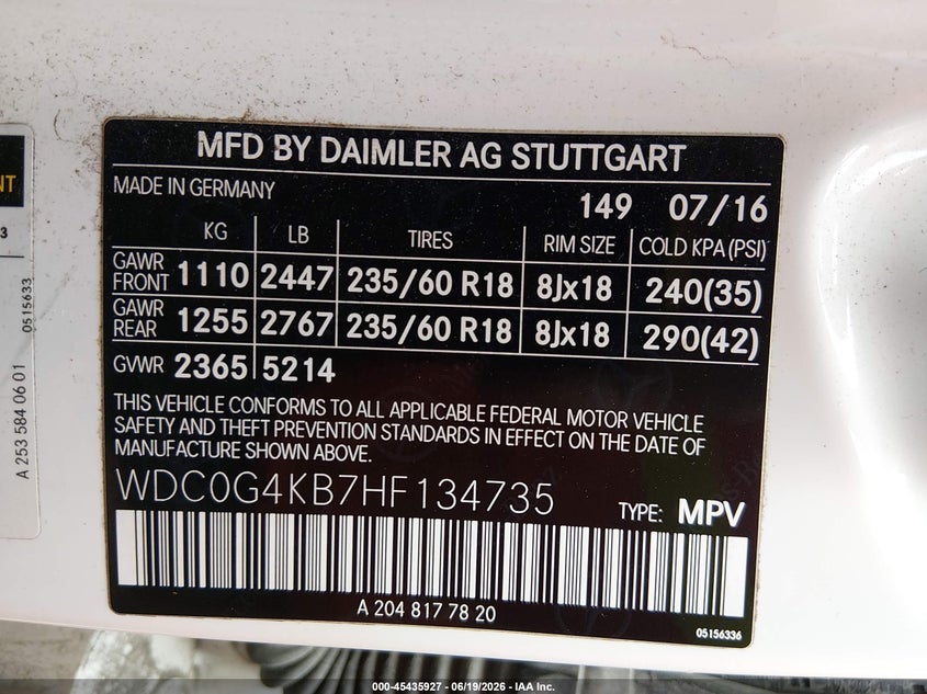2017 Mercedes-benz Glc VIN WDC0G4KB7HF134735 IAAI salvage auction — FRONT END, Salvage (Vermont), sold $6,400 on 2026-07-16 (photo 9)
