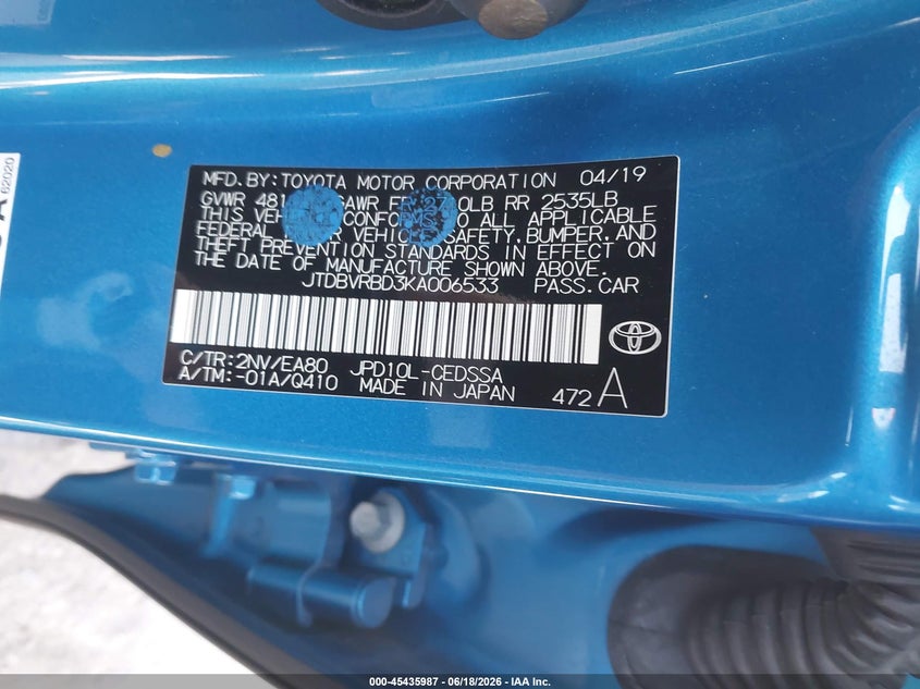 2019 Toyota Mirai VIN JTDBVRBD3KA006533 IAAI salvage auction — LEFT FRONT, Salvage Title, sold $550 on 2026-07-24 (photo 9)