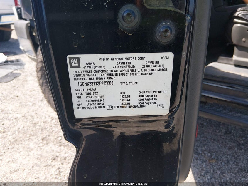 2003 Chevrolet Silverado 2500 VIN 1GCHK23113F205860 IAAI salvage auction — FRONT END, Clear (South Carolina), sold $3,550 on 2026-07-25 (photo 9)