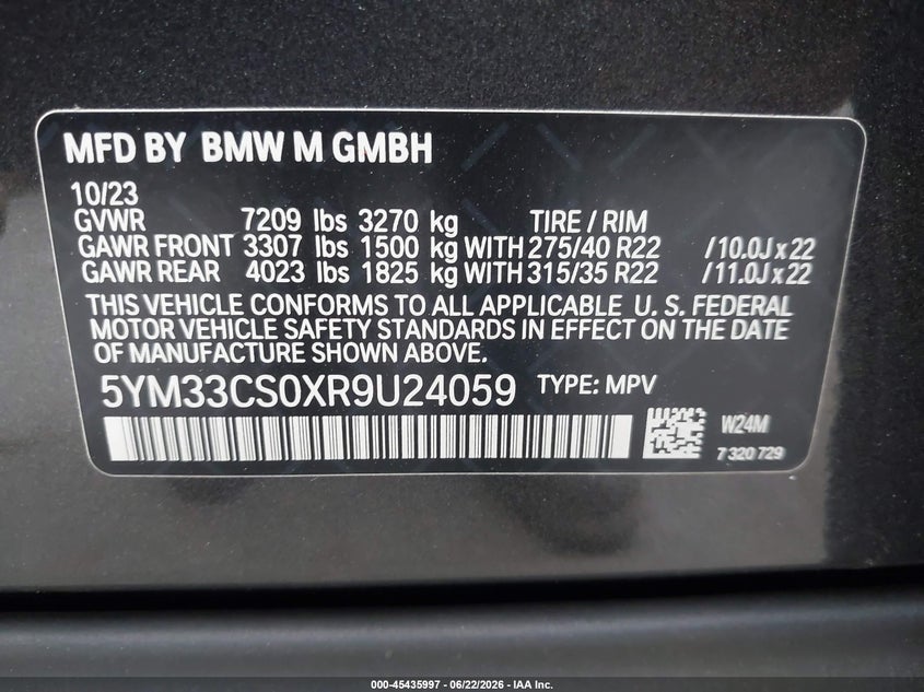 2024 BMW Xm VIN 5YM33CS0XR9U24059 IAAI salvage auction — FRONT END, Mv-907A (New York), sold $38,250 on 2026-07-21 (photo 9)