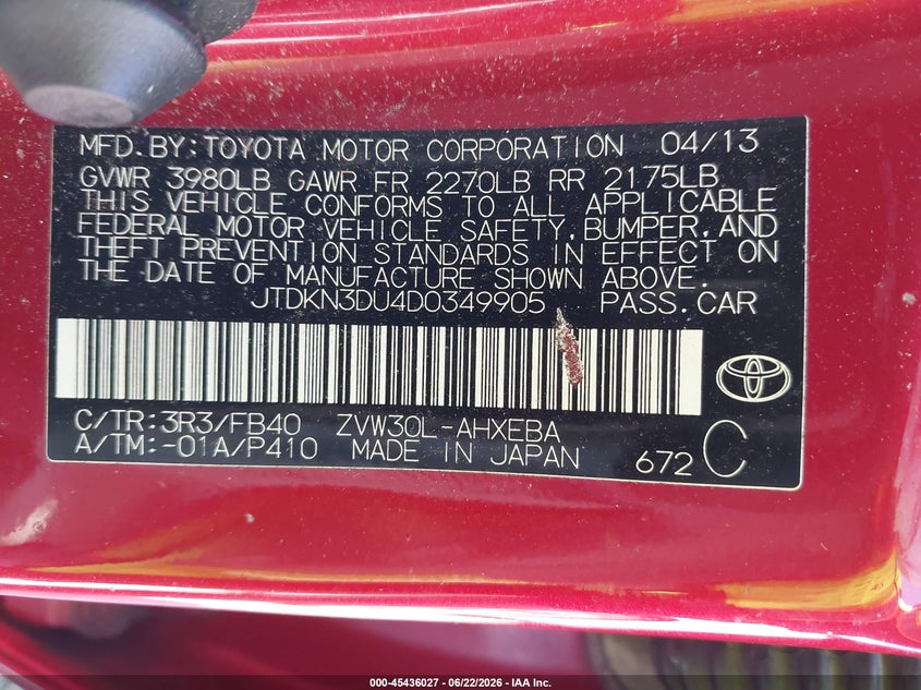 2013 Toyota Prius VIN JTDKN3DU4D0349905 IAAI salvage auction — SIDE, Bill Of Sale (Washington), sold $2,550 on 2026-07-15 (photo 9)