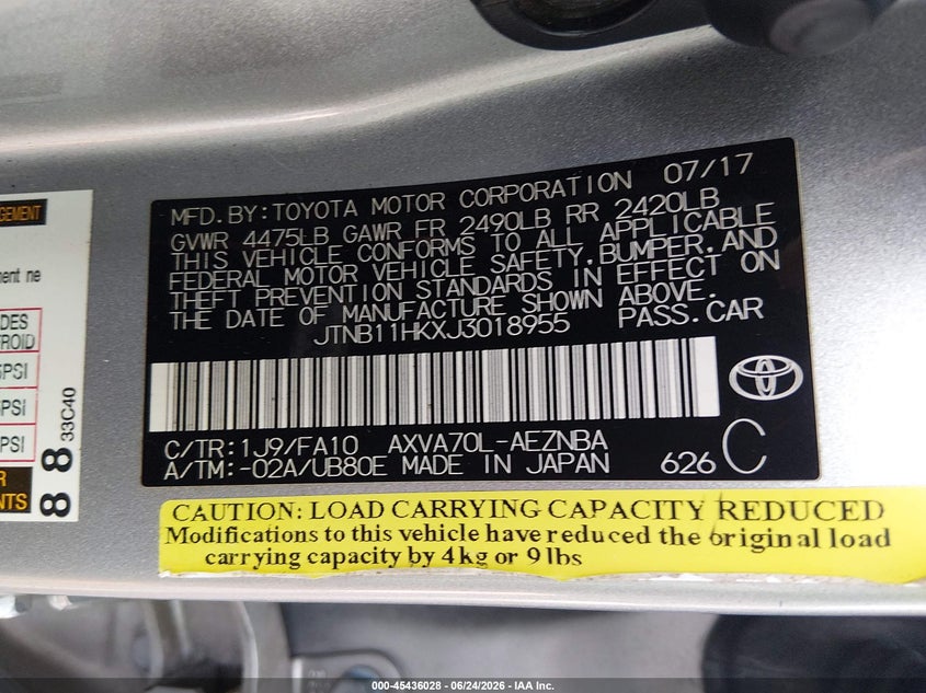 2018 Toyota Camry VIN JTNB11HKXJ3018955 IAAI salvage auction — LEFT FRONT, Salvage (Louisiana), sold $2,700 on 2026-07-22 (photo 9)