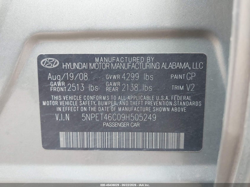 2009 Hyundai Sonata VIN 5NPET46C09H505249 IAAI salvage auction — NORMAL WEAR, Original (Ohio), sold $200 on 2026-07-27 (photo 9)