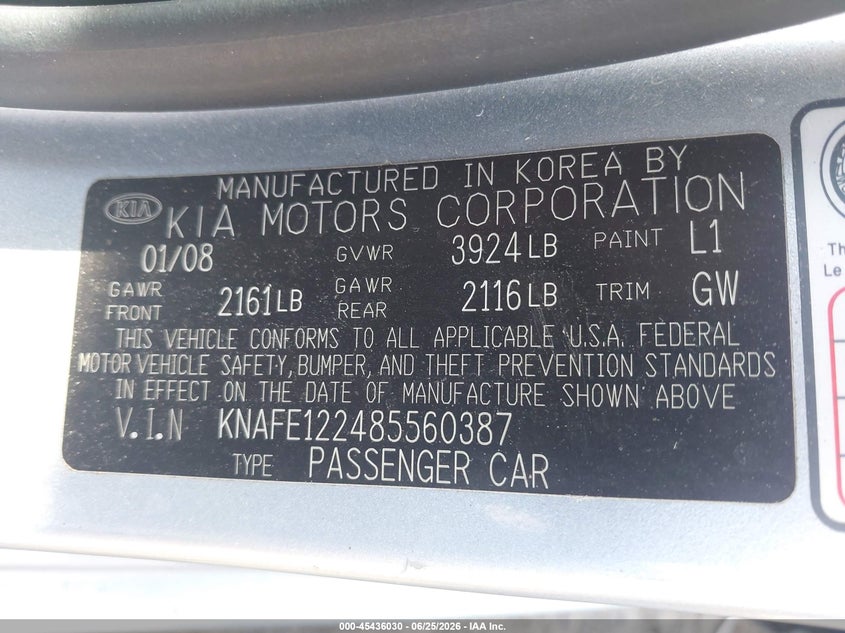 2008 Kia Spectra VIN KNAFE122485560387 IAAI salvage auction — REAR END, Salvage (Pennsylvania), sold $350 on 2026-07-24 (photo 9)