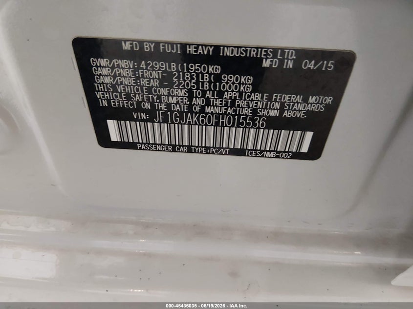 2015 Subaru Impreza VIN JF1GJAK60FH015536 IAAI salvage auction — FRONT END, Clear (Tennessee), sold $425 on 2026-07-29 (photo 9)