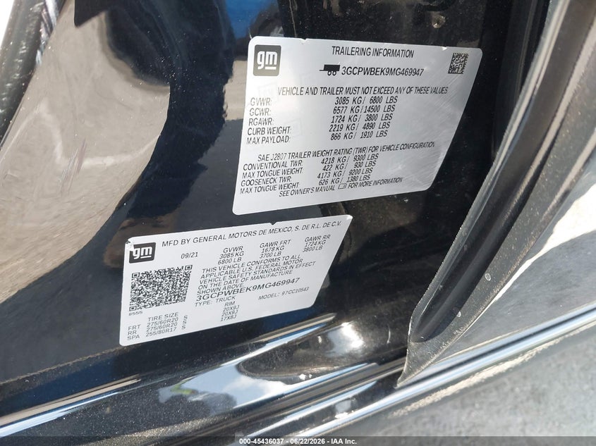 2021 Chevrolet Silverado VIN 3GCPWBEK9MG469947 IAAI salvage auction — FRONT END, Salvage (California), sold $9,300 on 2026-07-30 (photo 9)