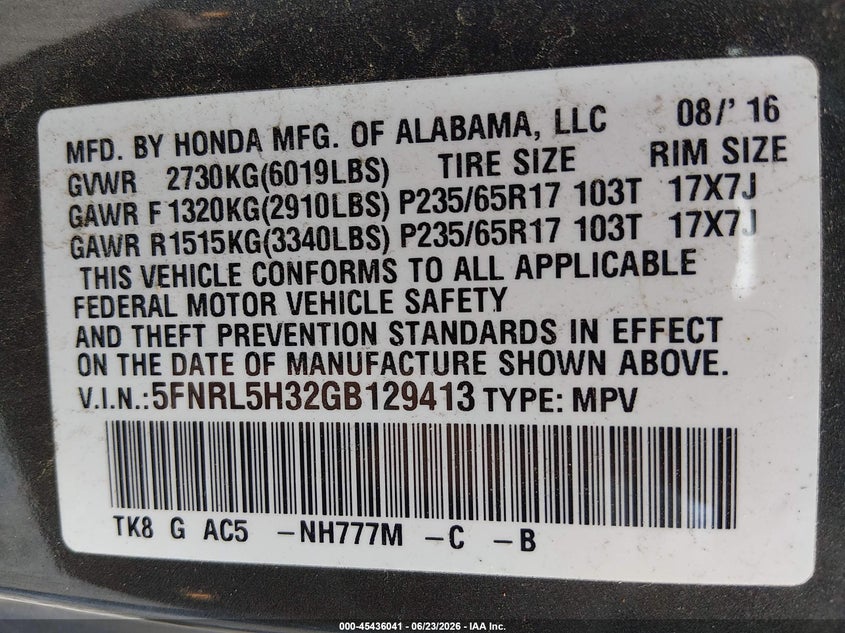 2016 Honda Odyssey VIN 5FNRL5H32GB129413 IAAI salvage auction — REAR END, Salvage (Tennessee), sold $2,700 on 2026-07-09 (photo 9)