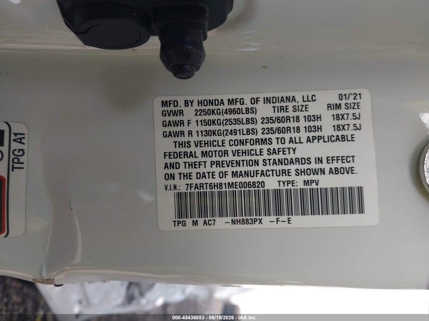 2021 Honda Cr-v VIN 7FART6H81ME006820 IAAI salvage auction — SIDE, Salvage (Delaware), sold $10,350 on 2026-07-30 (photo 9)