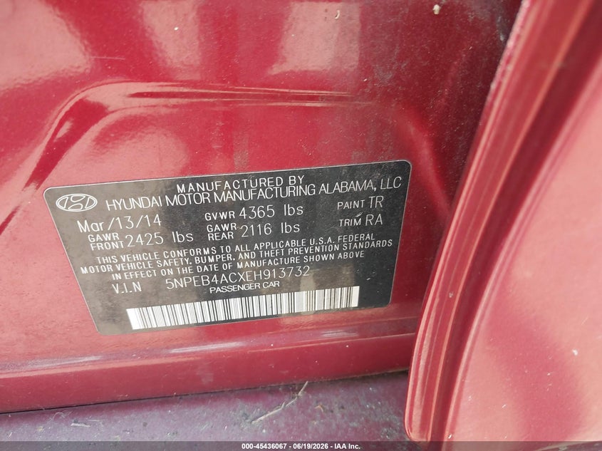 2014 Hyundai Sonata VIN 5NPEB4ACXEH913732 IAAI salvage auction — NORMAL WEAR, Clear (Maryland), sold $475 on 2026-07-15 (photo 9)