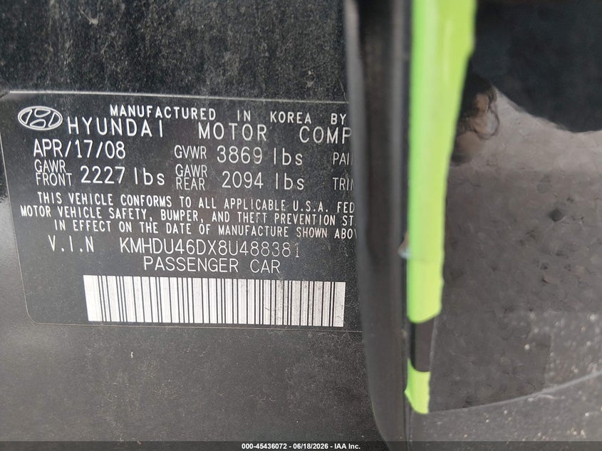 2008 Hyundai Elantra VIN KMHDU46DX8U488381 IAAI salvage auction — NORMAL WEAR, Clear (Virginia), sold $425 on 2026-07-23 (photo 9)