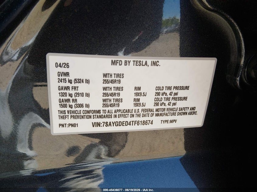 2026 Tesla Model y VIN 7SAYGDED4TF618674 IAAI salvage auction — FRONT & REAR, Salvage Title, sold $16,800 on 2026-08-27 (photo 9)