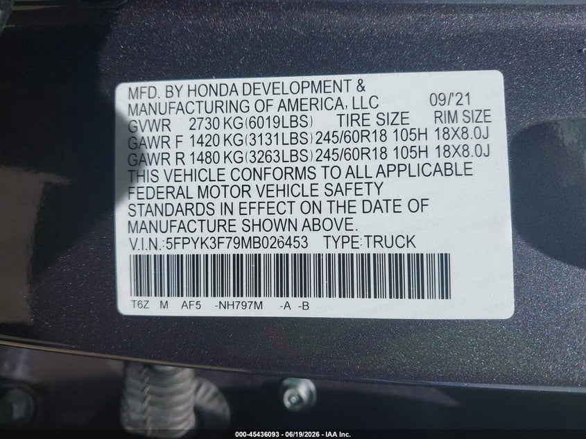 2021 Honda Ridgeline VIN 5FPYK3F79MB026453 IAAI salvage auction — LEFT SIDE, Salvage (Rhode Island), sold $11,950 on 2026-08-18 (photo 9)