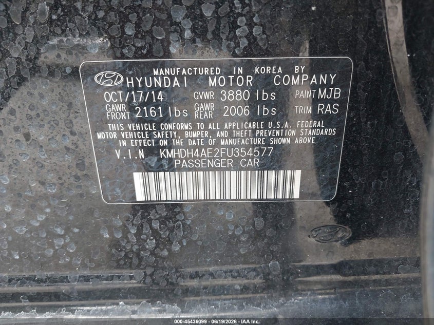 2015 Hyundai Elantra VIN KMHDH4AE2FU354577 IAAI salvage auction — REAR END, Rebuildable (Florida), sold $675 on 2026-07-07 (photo 9)