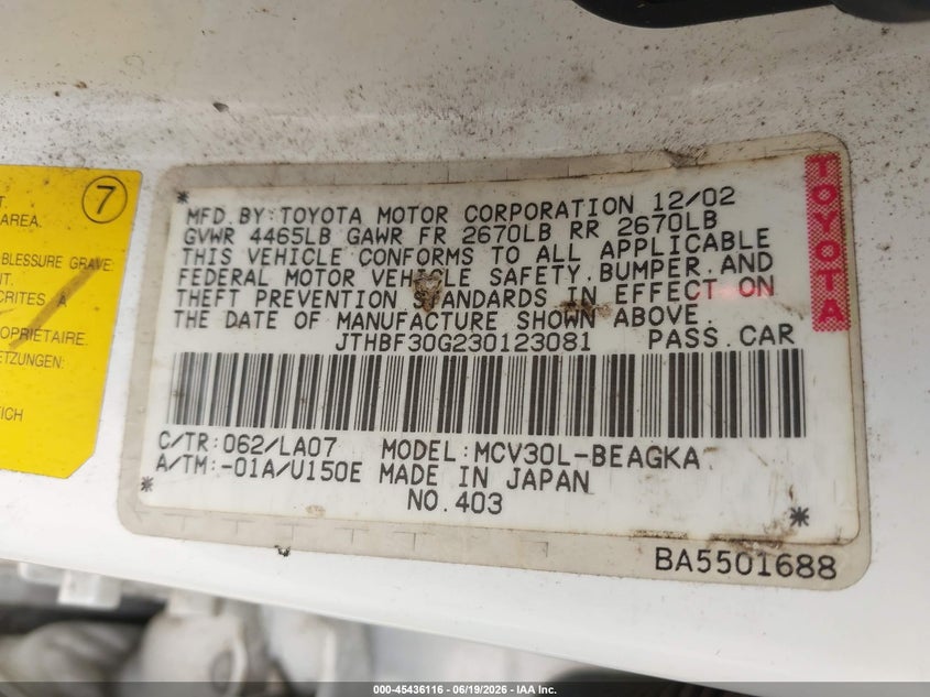 2003 Lexus Es 300 VIN JTHBF30G230123081 IAAI salvage auction — NORMAL WEAR, Original (Texas), sold $475 on 2026-07-09 (photo 9)