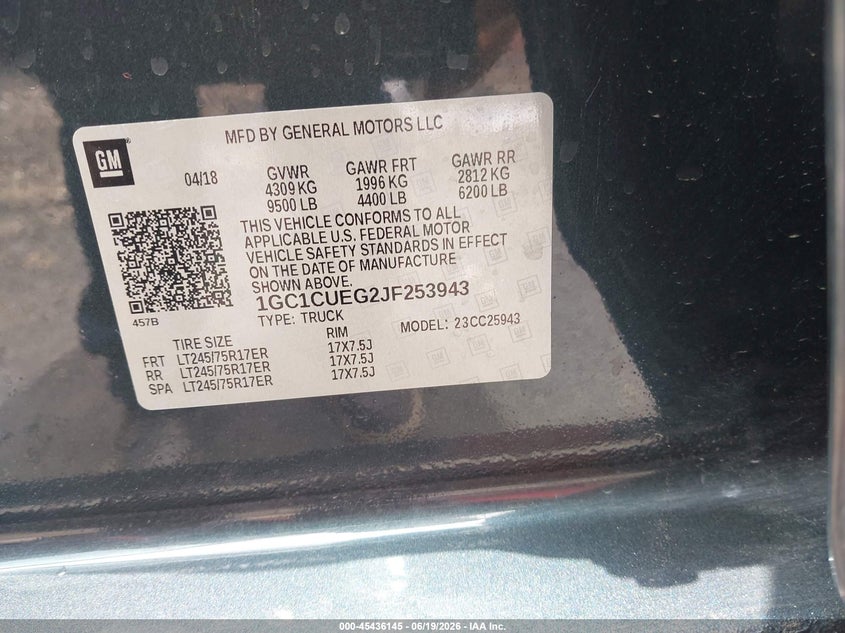 2018 Chevrolet Silverado 2500 VIN 1GC1CUEG2JF253943 IAAI salvage auction — NORMAL WEAR, Sf97 (California), sold $14,100 on 2026-07-28 (photo 9)