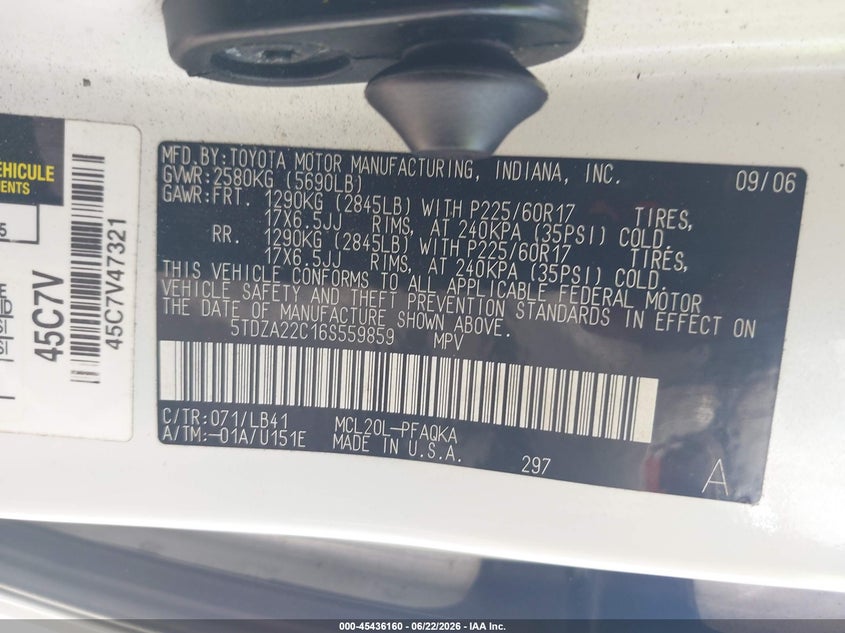 2006 Toyota Sienna VIN 5TDZA22C16S559859 IAAI salvage auction — FRONT END, Salvage (Idaho), sold $225 on 2026-07-21 (photo 9)