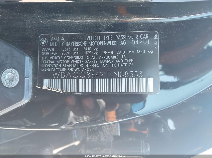 2001 BMW 7er VIN WBAGG83421DN88353 IAAI salvage auction — FRONT END, Salvage (Ohio), sold $450 on 2026-07-27 (photo 9)