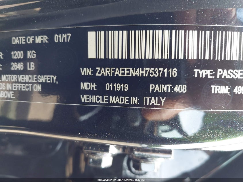 2017 Alfa romeo Giulia VIN ZARFAEEN4H7537116 IAAI salvage auction — FRONT END, Salvage Title, sold $3,250 on 2026-08-01 (photo 9)