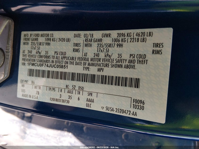 2018 Ford Escape VIN 1FMCU0F74JUC05851 IAAI salvage auction — FRONT END, Original (Texas), sold $2,750 on 2026-07-26 (photo 9)