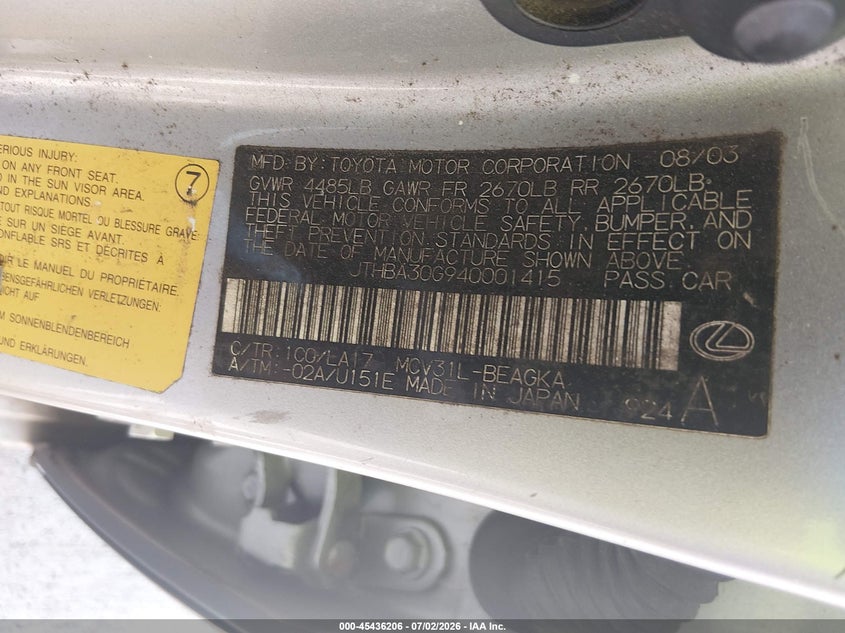 2004 Lexus Es 330 VIN JTHBA30G940001415 IAAI salvage auction — REPOSSESSION, Nrc Lienholder Repossession Paperwork (Texas), sold $500 on 2026-07-17 (photo 9)