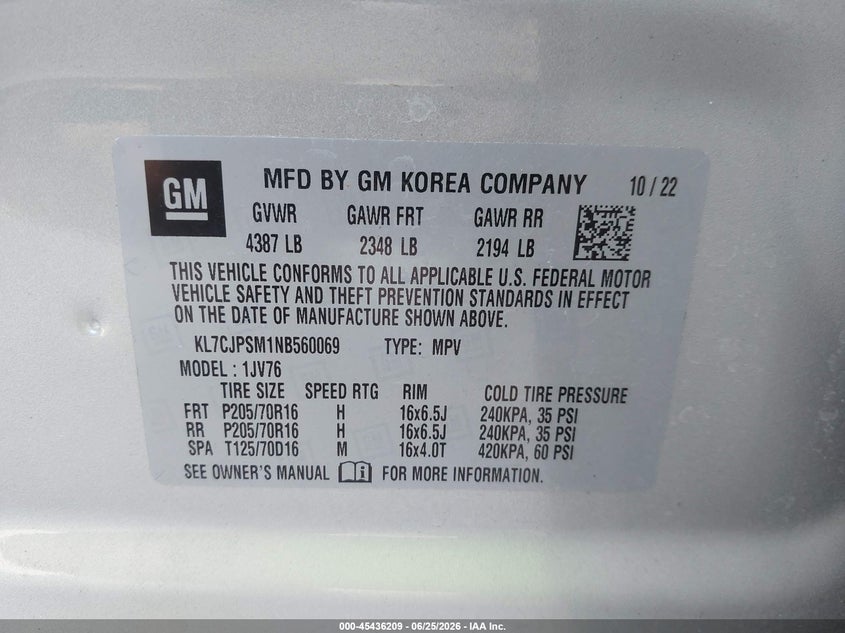 2022 Chevrolet Trax VIN KL7CJPSM1NB560069 IAAI salvage auction — RIGHT FRONT, Salvage (Virginia), sold $3,675 on 2026-07-28 (photo 9)