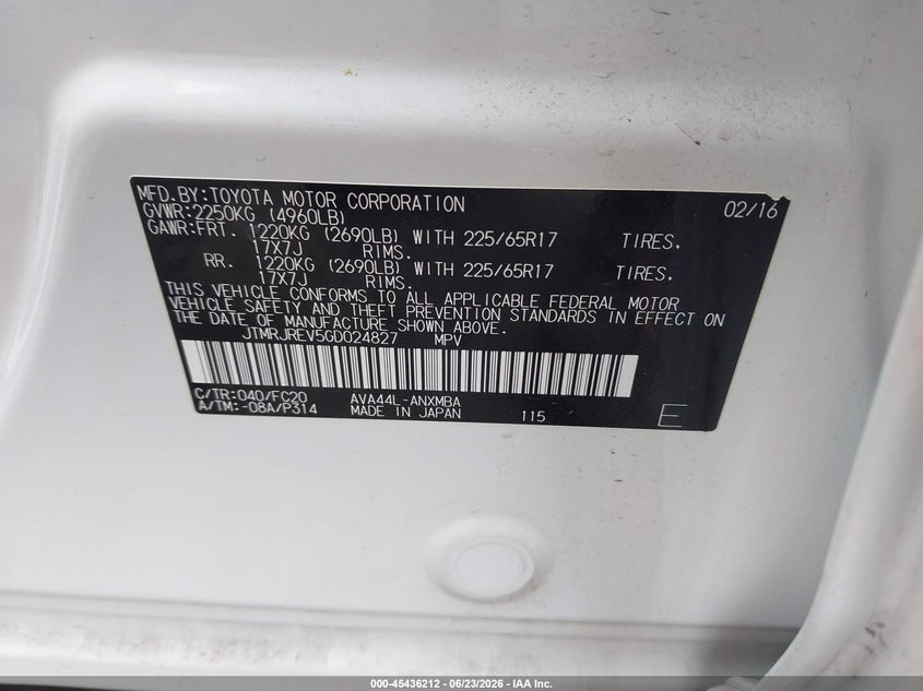 2016 Toyota VIN JTMRJREV5GD024827 IAAI salvage auction — REAR END, Salvage (Virginia), sold $7,000 on 2026-07-09 (photo 9)