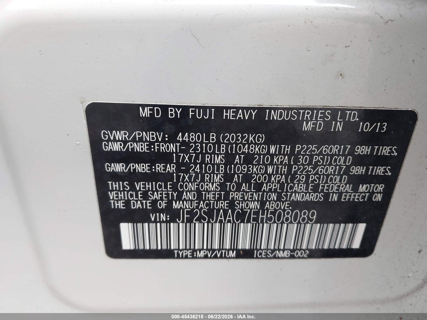 2014 Subaru Forester VIN JF2SJAAC7EH508089 IAAI salvage auction — NORMAL WEAR, Clear (New Jersey), sold $850 on 2026-07-30 (photo 9)