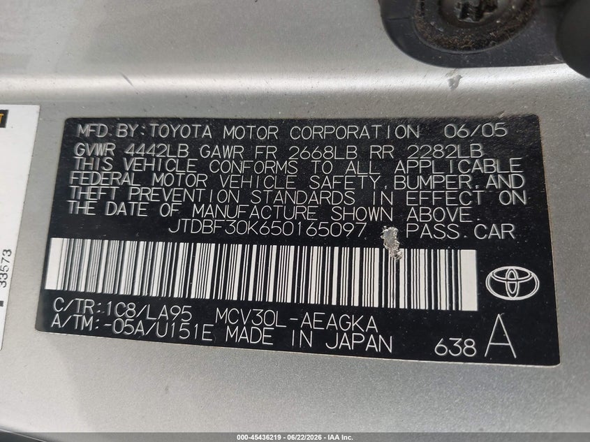 2005 Toyota Camry VIN JTDBF30K650165097 IAAI salvage auction — FRONT & REAR, Salvage - Greater Than 75% (Maryland), sold $375 on 2026-07-14 (photo 9)