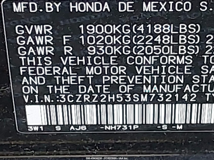 2025 Honda Hr-v VIN 3CZRZ2H53SM732142 IAAI salvage auction — REAR END, Wait Title, sold $9,450 on 2026-08-25 (photo 9)