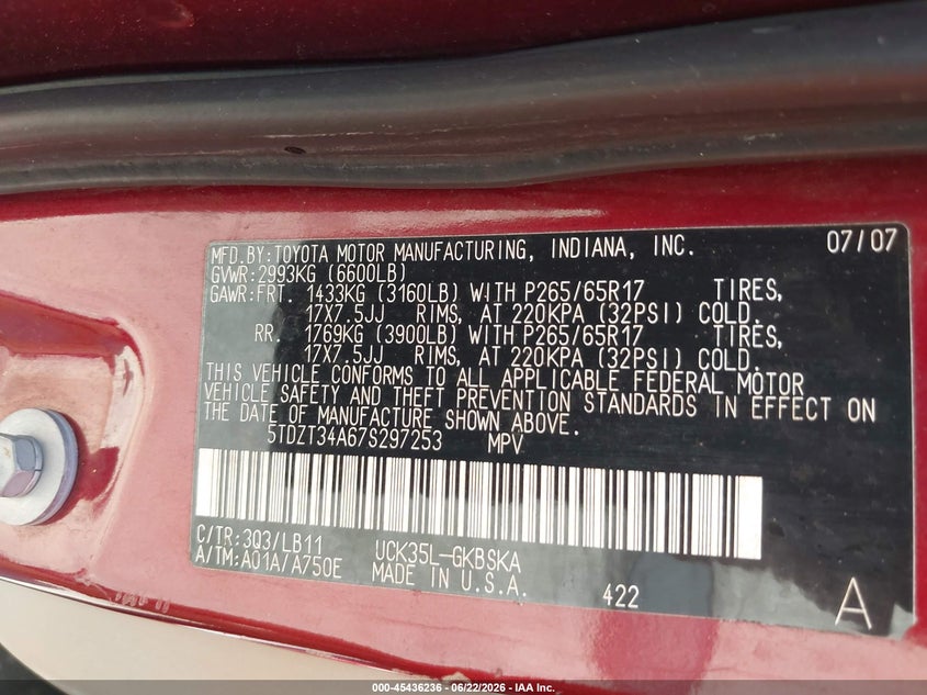 2007 Toyota Sequoia VIN 5TDZT34A67S297253 IAAI salvage auction — FRONT END, Rebuildable (Florida), sold $1,800 on 2026-07-18 (photo 9)