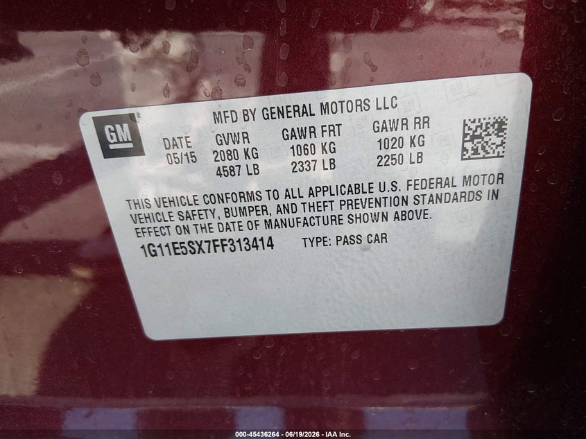 2015 Chevrolet Malibu VIN 1G11E5SX7FF313414 IAAI salvage auction — REAR END, Salvage Title, sold $25 on 2026-07-24 (photo 9)