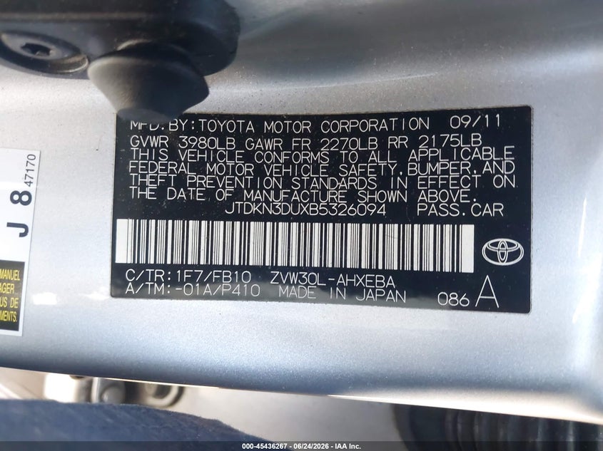 2011 Toyota Prius VIN JTDKN3DUXB5326094 IAAI salvage auction — RIGHT SIDE, Salvage - Greater Than 75% (Maryland), sold $125 on 2026-07-28 (photo 9)
