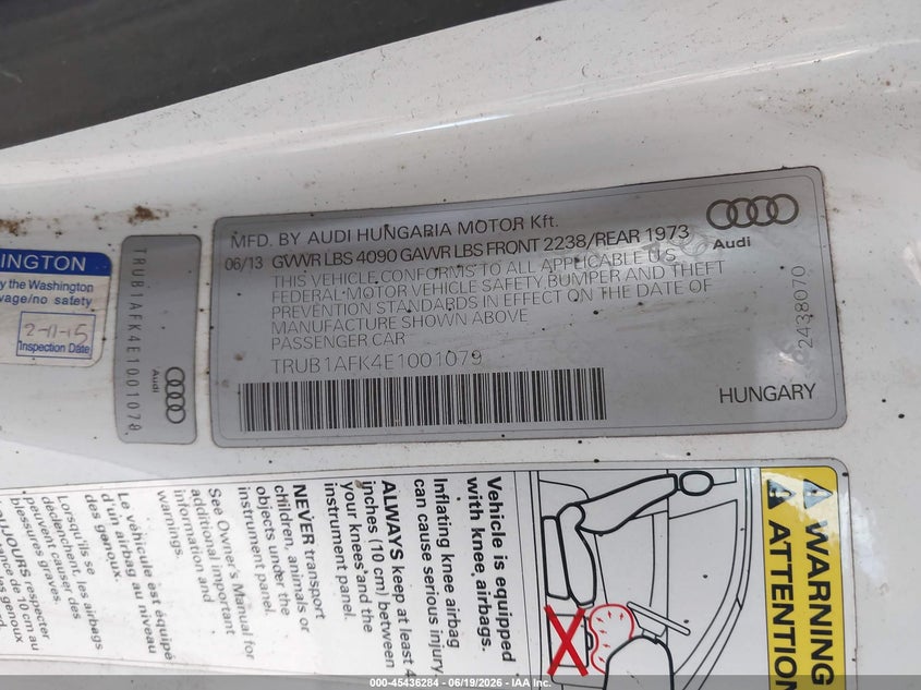 2014 Audi Tts VIN TRUB1AFK4E1001079 IAAI salvage auction — FRONT & REAR, Bill Of Sale (Washington), sold $2,000 on 2026-07-22 (photo 9)