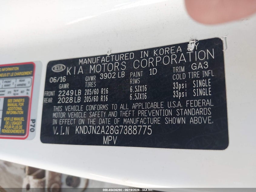 2016 Kia Soul VIN KNDJN2A28G7388775 IAAI salvage auction — NORMAL WEAR, Clear-Dealer Only (Arizona), sold $225 on 2026-07-09 (photo 9)