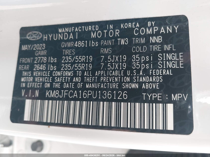 2023 Hyundai Tucson VIN KM8JFCA16PU136126 IAAI salvage auction — FRONT & REAR, Salvage (Missouri), sold $7,600 on 2026-07-29 (photo 9)