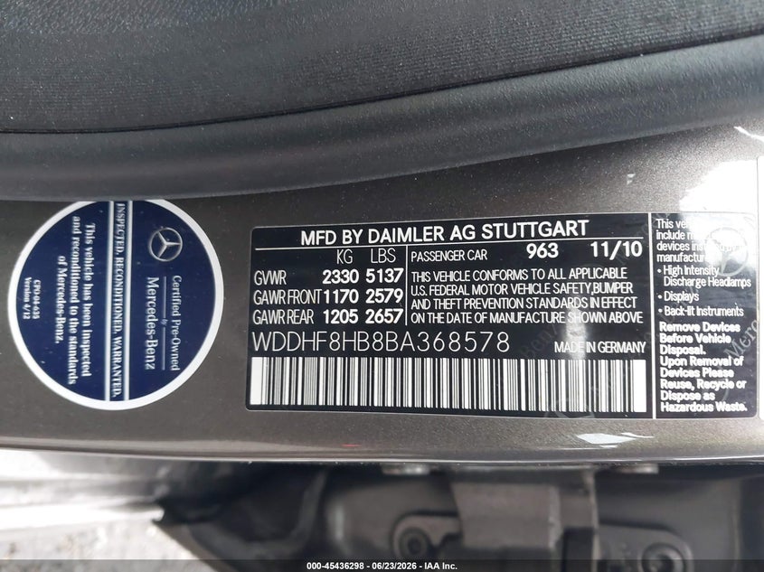 2011 Mercedes-benz E-class VIN WDDHF8HB8BA368578 IAAI salvage auction — LEFT FRONT, Salvage (Massachusetts), sold $2,250 on 2026-07-24 (photo 9)