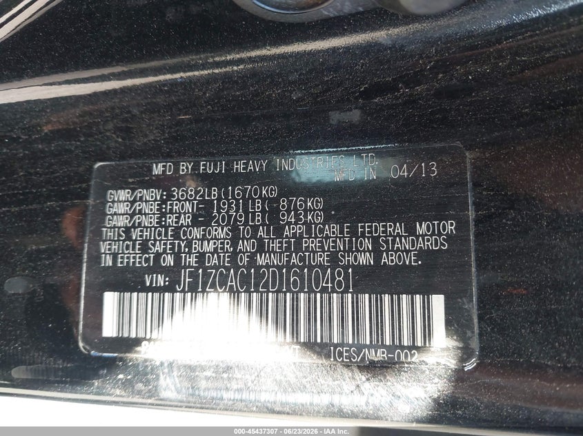 2015 Subaru Brz VIN JF1ZCAC16F9604350 IAAI salvage auction — FRONT END, Salvage (California), sold $25 on 2026-07-21 (photo 9)