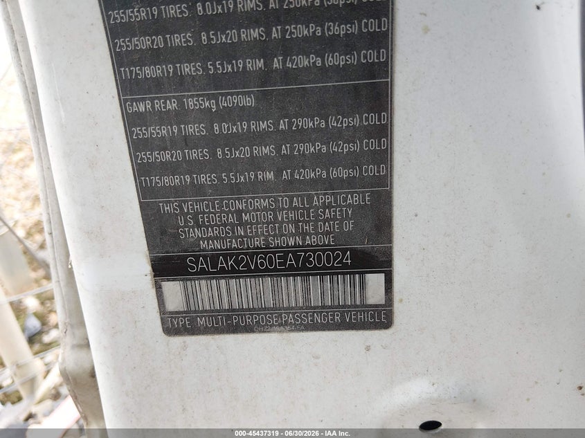 2014 Land rover Lr4 VIN SALAK2V60EA730024 IAAI salvage auction — UNKNOWN, Salvage (North Carolina), sold $1,100 on 2026-07-20 (photo 9)