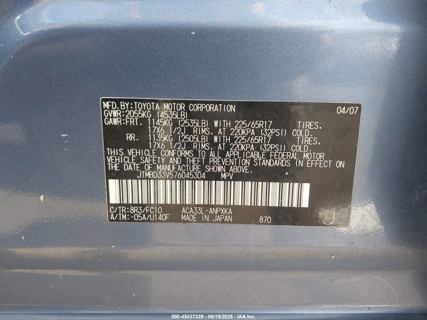 2007 Toyota Rav4 VIN JTMBD33V576045304 IAAI salvage auction — BIOHAZARD/CHEMICAL, Clear (Massachusetts), sold $4,250 on 2026-07-07 (photo 9)