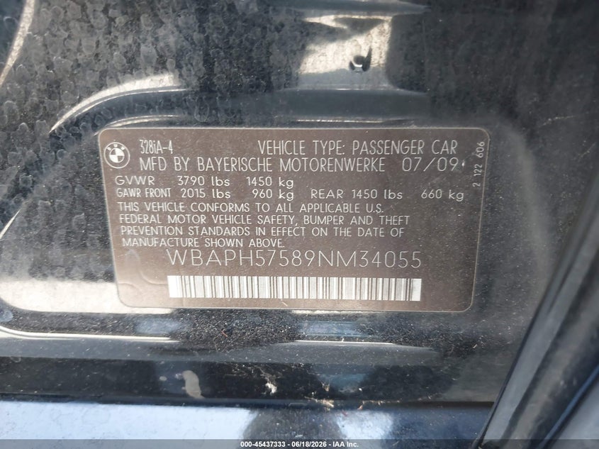 2009 BMW 3 series VIN WBAPH57589NM34055 IAAI salvage auction — NORMAL WEAR, Clear - Dealer Only (California), sold $475 on 2026-07-08 (photo 9)