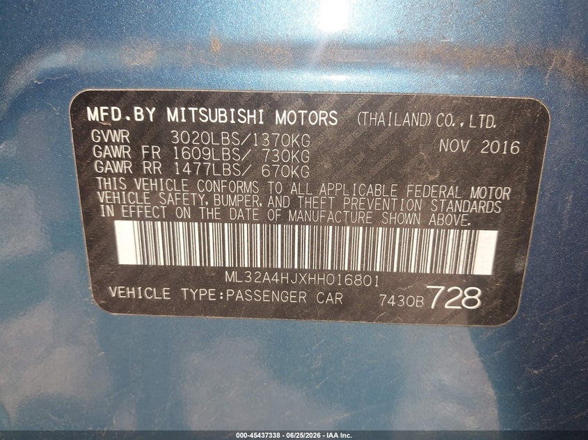 2017 Mitsubishi Mirage VIN ML32A4HJXHH016801 IAAI salvage auction — LEFT SIDE, Junk Bill Of Sale Mv2459 (Wisconsin), sold $425 on 2026-07-22 (photo 9)
